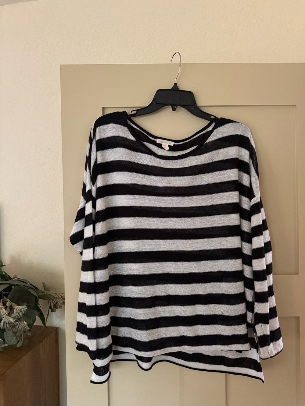 Eileen Fisher L Knit Black White Stripe Knit Sweater